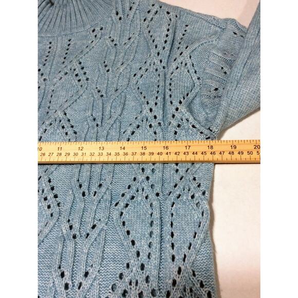 LOFT Women Wool Pointelle Mock Neck Soft Open Knit Sweater Pullover Small Blue - Picture 10 of 11